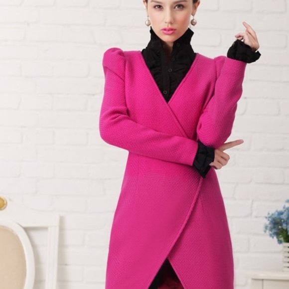 Fuchsia Pink Genuine Wool Long Jacket Blazer Coat - Picture 10 of 11